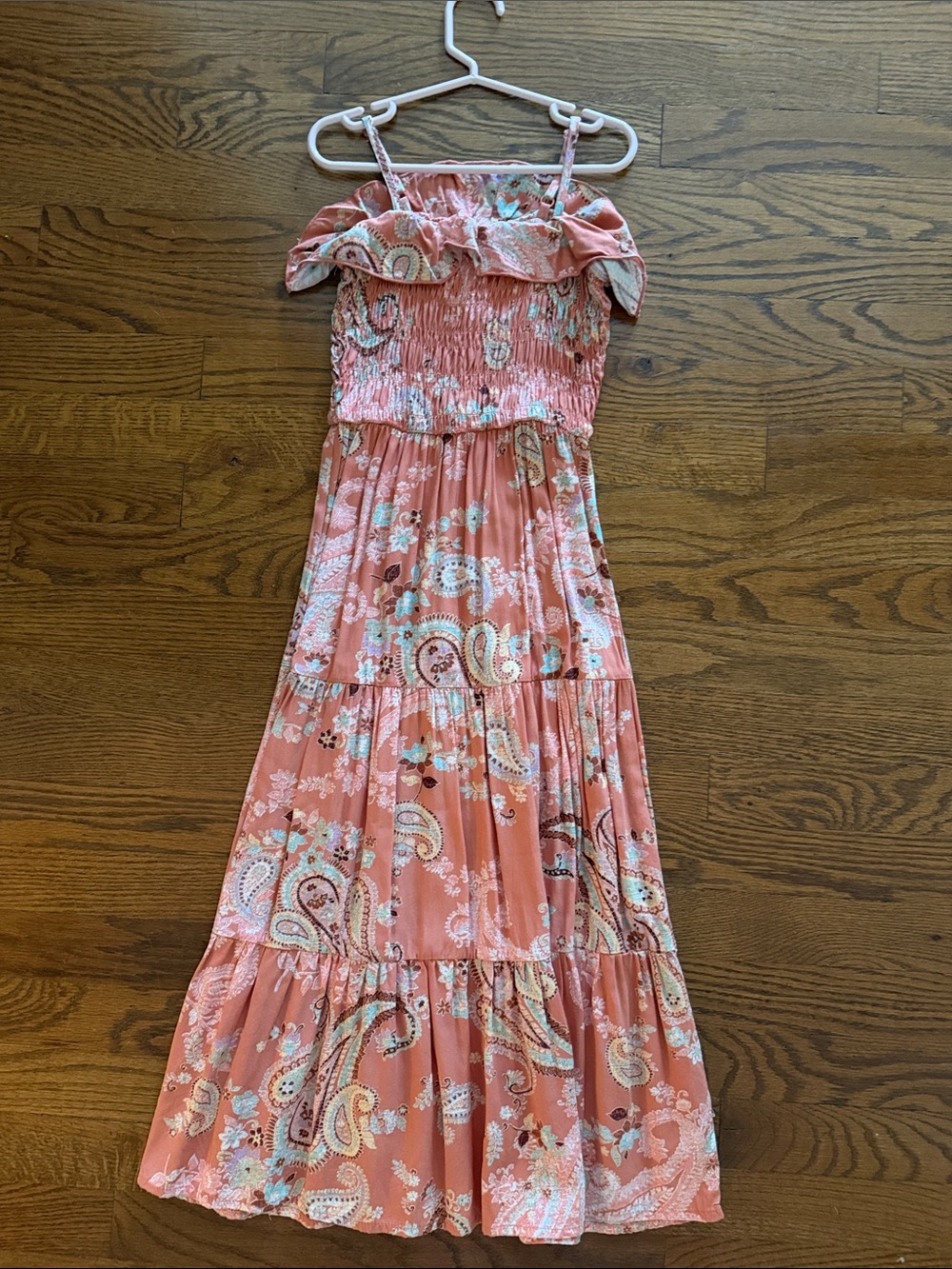 Girls Peach Paisley Maxi Dress with Ruffle Neckline